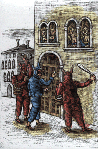 Illustrazione grafica scene cittadine in maschera